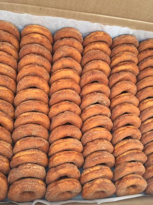 A box filled with neatly arranged, golden-brown donuts coated in cinnamon sugar.