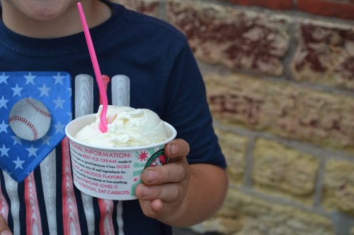 A person holds a cup of ice cream with a pink spoon, wearing a shirt featuring a baseball and American flag design.