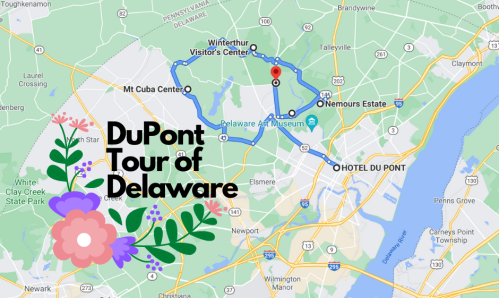 Map highlighting the DuPont Tour of Delaware route, featuring key locations and landmarks. Floral design at the bottom.