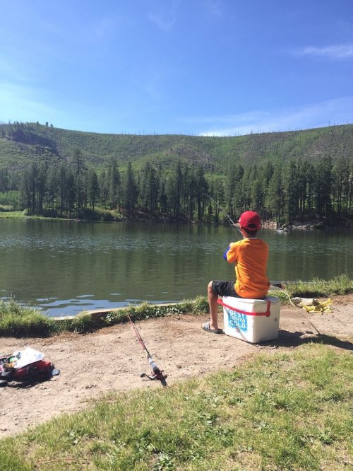 A child sits on a cooler by a lake, fishing with a rod, surrounded by trees and hills under a clear blue sky.