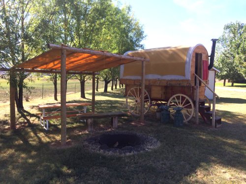 A wooden wagon with a canopy and picnic area, surrounded by trees and a fire pit in a grassy field.