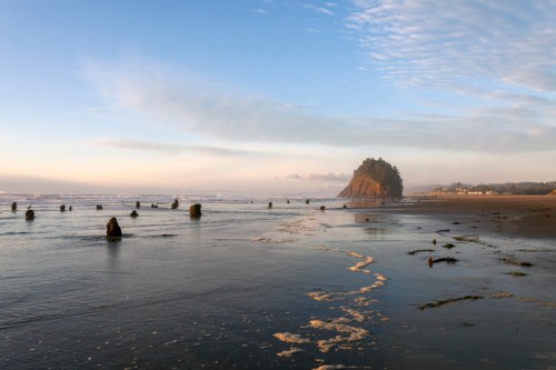 A serene beach scene with gentle waves, scattered rocks, and a distant island under a clear blue sky.