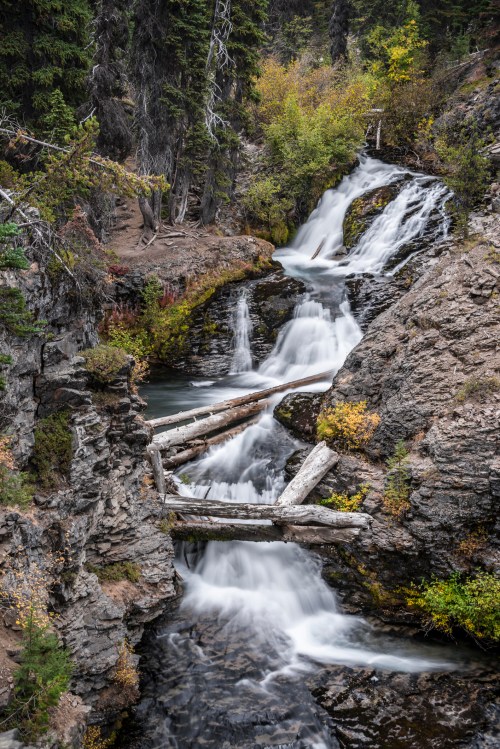 A serene waterfall cascades over rocky terrain, surrounded by lush greenery and autumn foliage.