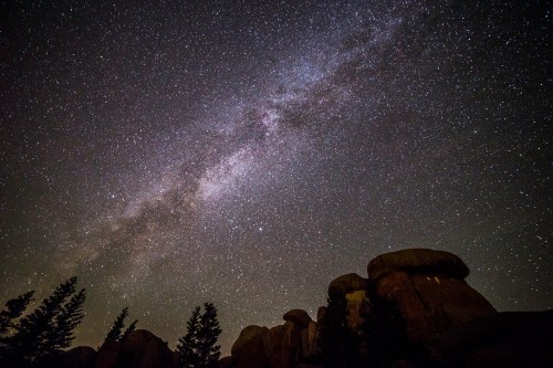 A starry night sky with the Milky Way visible above rocky formations and silhouetted trees.