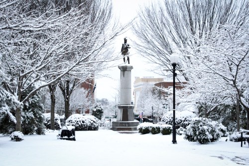 A snow-covered park featuring a statue on a pedestal, surrounded by trees and a serene winter landscape.
