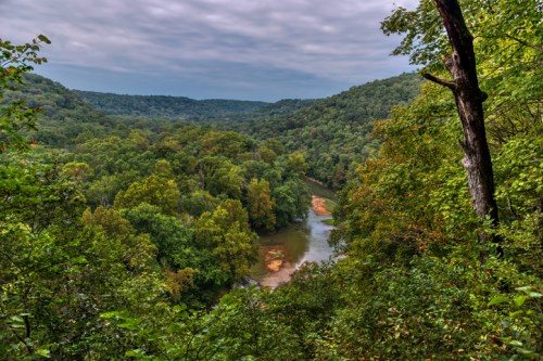 A serene river winding through lush green hills under a cloudy sky, surrounded by dense trees.