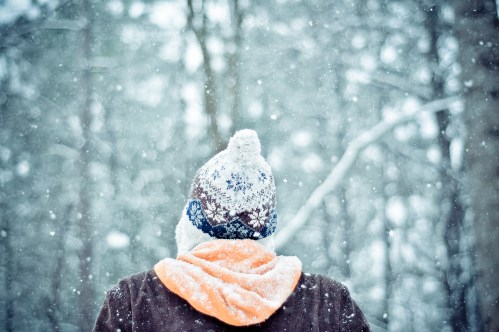 A person in a winter hat and scarf stands in a snowy forest, with snowflakes falling around them.