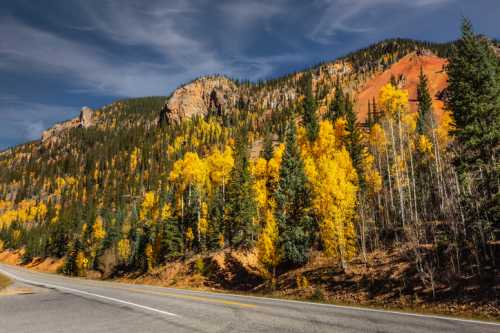 A scenic view of a road lined with vibrant autumn trees against a backdrop of mountains and a cloudy sky.