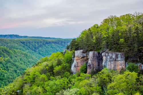 A scenic view of a lush green valley with a bridge spanning across the landscape, surrounded by rocky cliffs.