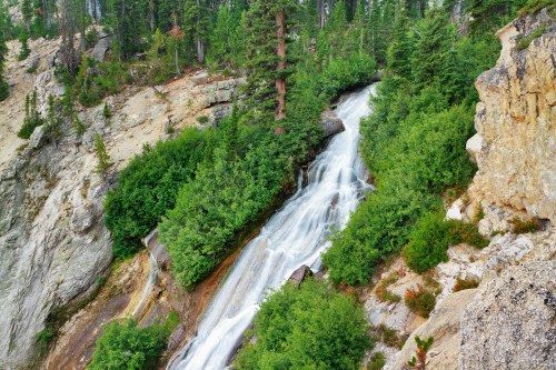 A cascading waterfall flows down rocky terrain, surrounded by lush green trees and shrubs in a natural landscape.