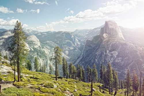 A scenic view of a mountainous landscape with pine trees and a prominent rock formation under a bright sky.