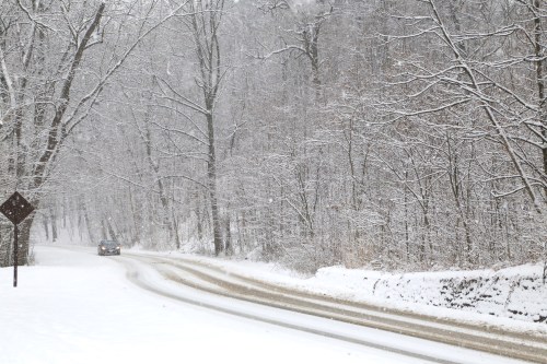 A snowy road winds through a forest, with trees covered in white and a car driving in the distance.