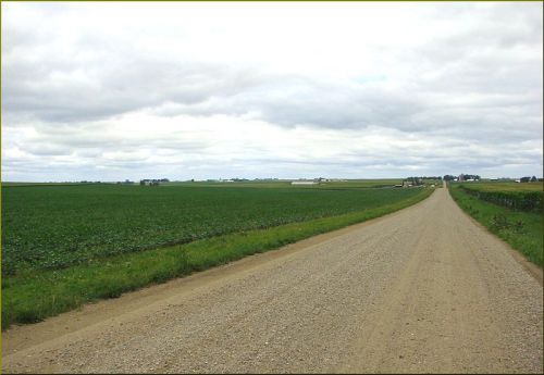 A gravel road stretches through green fields under a cloudy sky, leading into the distance.