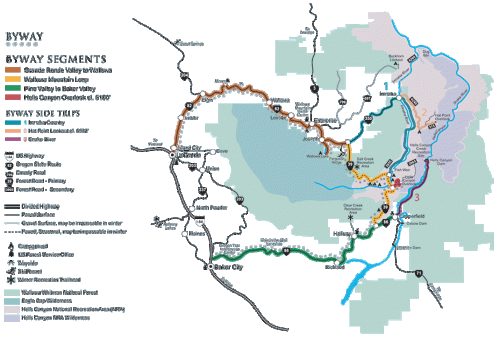 Map of a scenic byway with segments, side trips, and key locations highlighted in various colors.