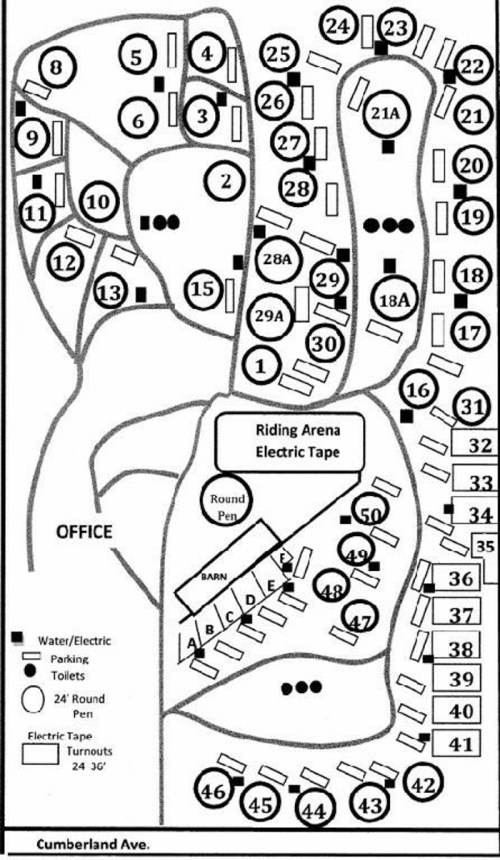 Map of a facility showing layout with numbered areas, including an office, riding arena, pens, and parking.