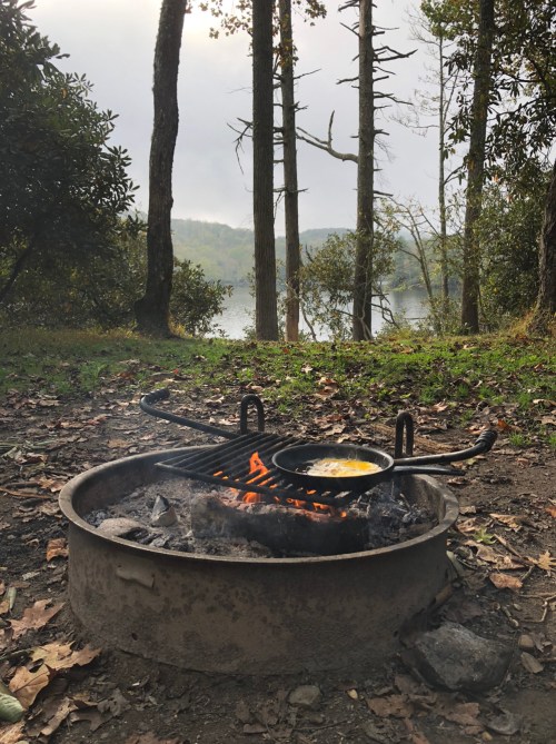 A campfire with a skillet cooking over it, surrounded by trees and a lake in the background on a cloudy day.