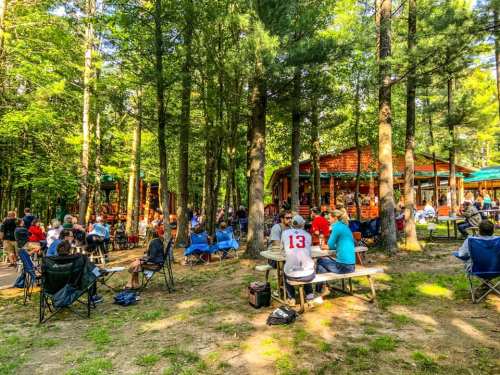 A lively outdoor gathering in a forest, with people sitting at picnic tables and enjoying food and drinks.