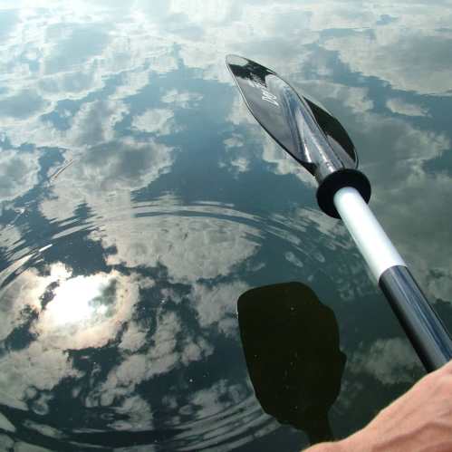 A paddle partially submerged in calm water, reflecting clouds and sunlight above.