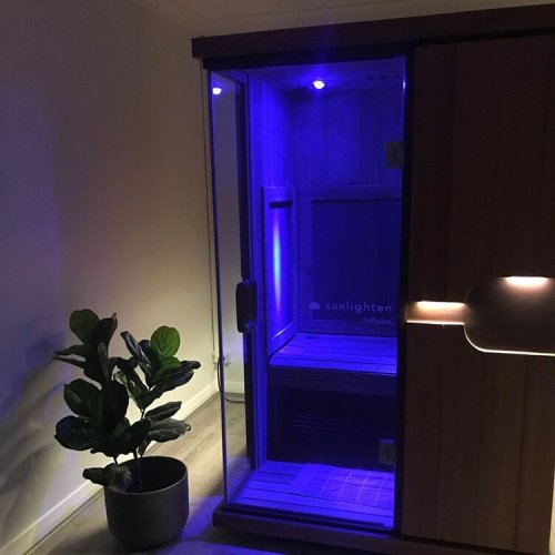A modern sauna with blue lighting, glass walls, and a potted plant nearby.