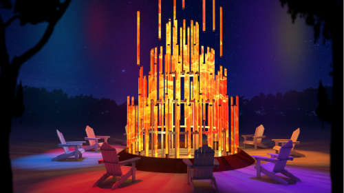 A vibrant, artistic bonfire surrounded by wooden chairs, set against a night sky with colorful lighting.