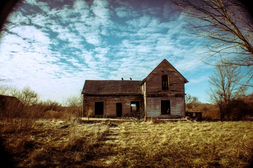 Abandoned wooden house with open windows, surrounded by tall grass and under a cloudy sky. Two birds perched on the roof.