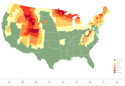 Map of the U.S. showing fall foliage progression from September to November, with color-coded regions for leaf change.