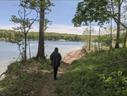 A person walks along a wooded path by a calm lake, surrounded by greenery and trees under a clear blue sky.