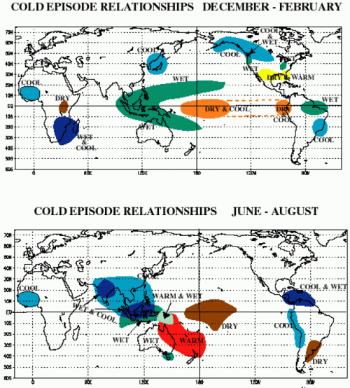 World maps showing cold episode relationships for December-February and June-August, highlighting temperature and precipitation patterns.
