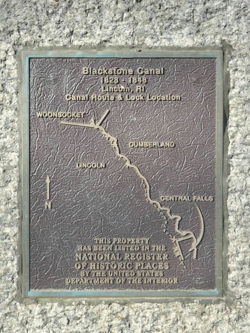 Plaque detailing the Blackstone Canal route and lock locations, noting its listing on the National Register of Historic Places.