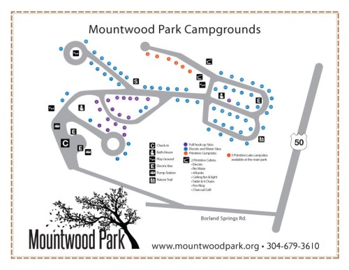 Map of Mountwood Park Campgrounds, showing sites, amenities, and roads. Includes legend for easy navigation.