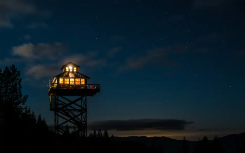 A tall wooden lookout tower illuminated at night, surrounded by trees and a starry sky.