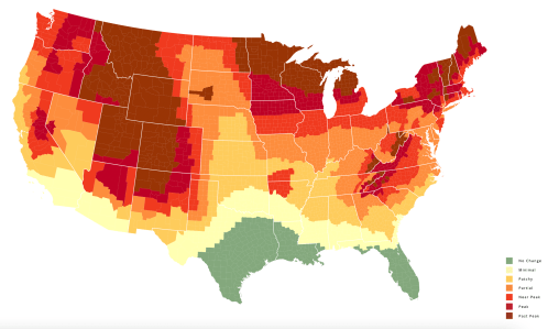 Map of the U.S. showing varying levels of change, with color gradients from green (no change) to dark red (severe change).