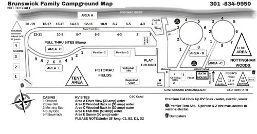 Map of Brunswick Family Campground, showing areas for tents, RVs, cabins, and amenities like pavilions and play areas.