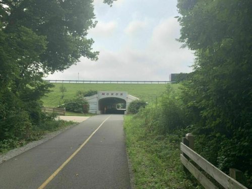 A pathway leads to a tunnel under a grassy hill, with trees and a wooden fence on either side.