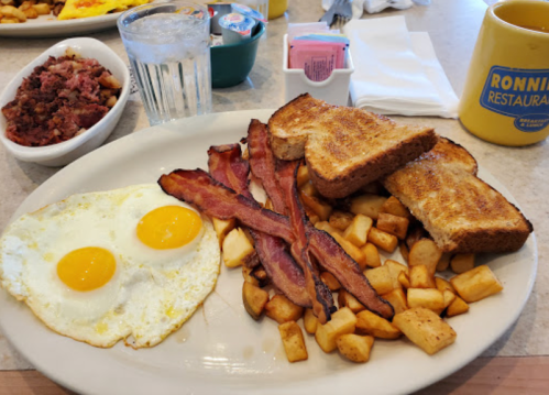 A breakfast plate with two eggs, bacon, toast, and hash browns, alongside a glass of water and a coffee mug.