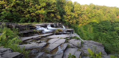 A serene waterfall cascades over rocky ledges, surrounded by lush green trees and foliage in a tranquil natural setting.