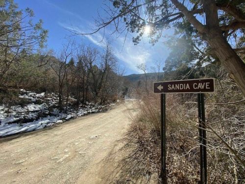 A dirt road with a sign pointing left to Sandia Cave, surrounded by trees and a clear blue sky.