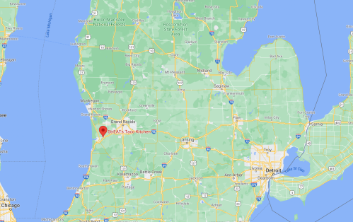 Map of Michigan highlighting a location marked as "Shet A T Tea Kitchen" near the western coast.