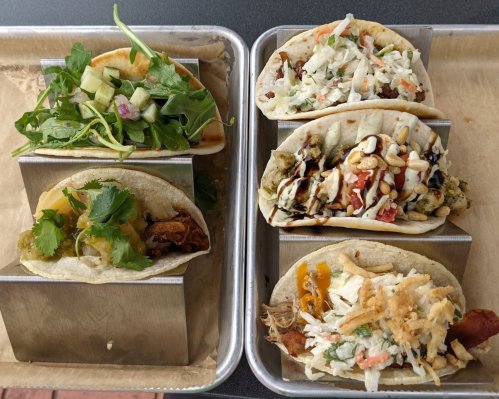 A tray of five tacos in metal holders, featuring various toppings like greens, slaw, and sauces.