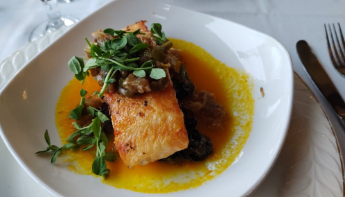 A plated dish featuring salmon on a bed of greens, drizzled with sauce and garnished with fresh herbs.