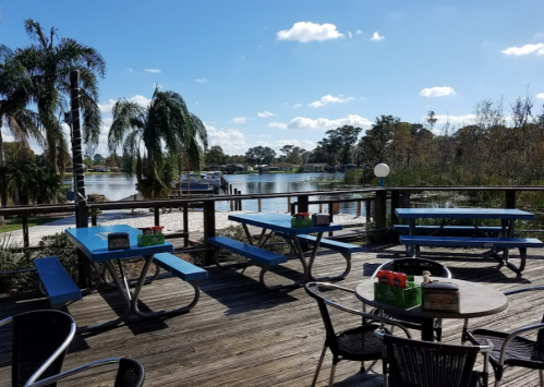 Outdoor seating area with blue picnic tables overlooking a calm waterway and palm trees under a clear blue sky.