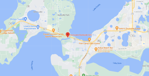 Map showing the area around Lake Eustis, including nearby restaurants and parks.