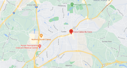 Map showing the location of Coco Cakes By Coco in Tucker, Georgia, near Kaiser Permanente and Nothing Bundt Cakes.