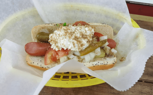 A hot dog in a poppy seed bun topped with tomatoes, pickles, onions, and a sprinkle of seasoning, served in a basket.
