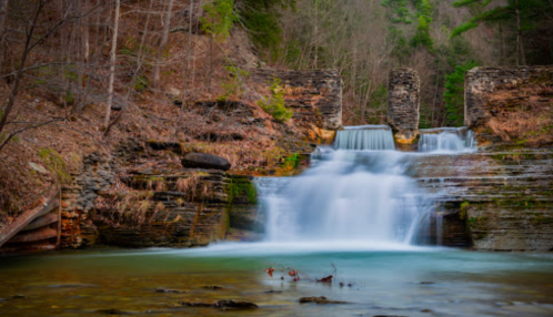 A serene waterfall cascades over rocky ledges into a tranquil pool, surrounded by trees and natural scenery.