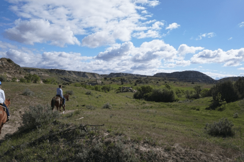 Two riders on horseback traverse a grassy landscape with rolling hills and a blue sky dotted with clouds.