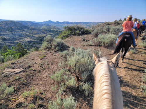A group of horseback riders on a trail overlooking a scenic landscape with hills and greenery.