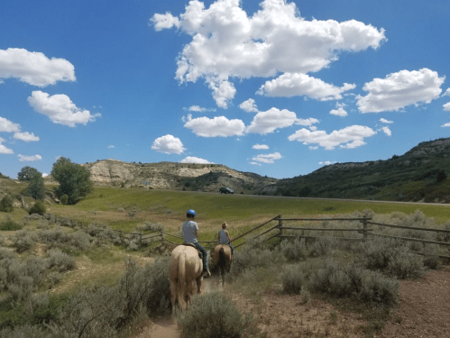 Two riders on horseback trail through a grassy landscape under a blue sky with fluffy clouds and distant hills.