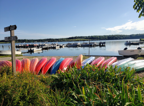 Colorful kayaks lined up on the shore, with boats docked in the calm water and a sign for boat rentals nearby.