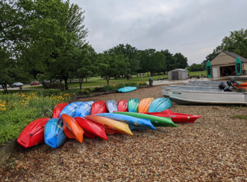 Colorful kayaks stacked on a gravel shore, with trees and a boat in the background under a cloudy sky.